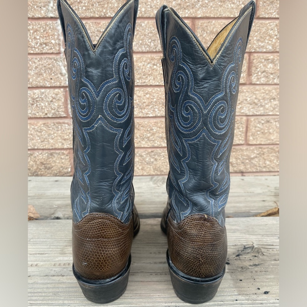 Exotic Leather Cowboy Boots Brown Lizard Vamp, Gray Shaft w/ Blue Stitching - Picture 4 of 7